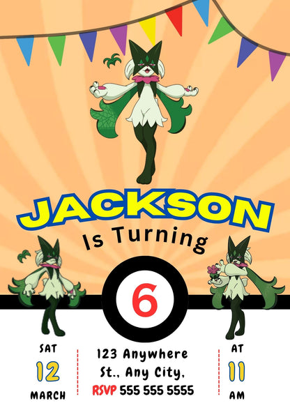 Meowscarada Pokemon Birthday Party Invitation Template - CreativeRino