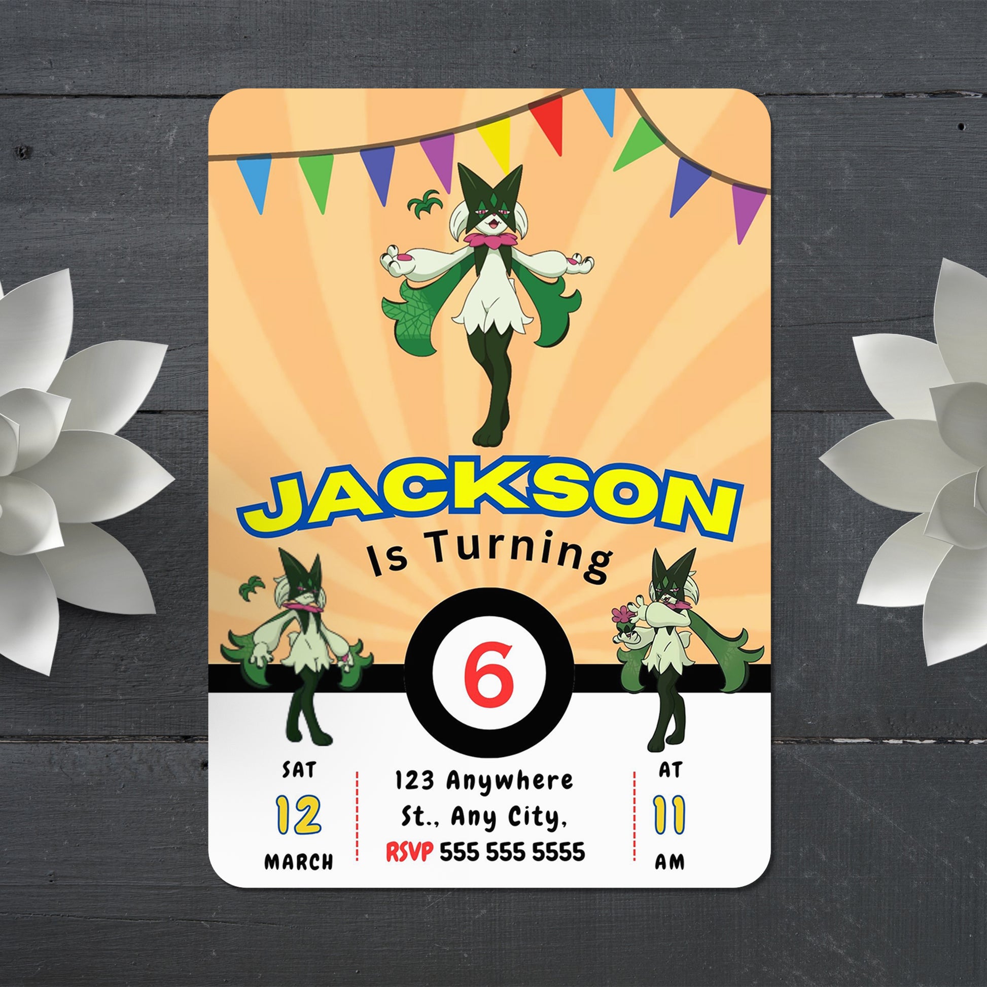 Meowscarada Pokemon Birthday Party Invitation Template - CreativeRino