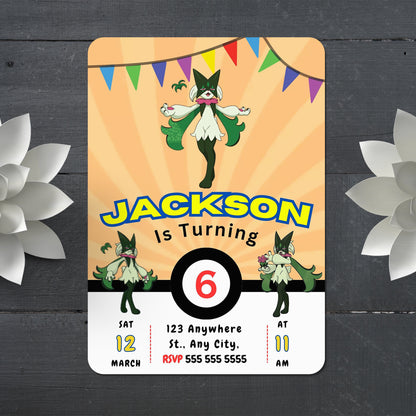 Meowscarada Pokemon Birthday Party Invitation Template - CreativeRino