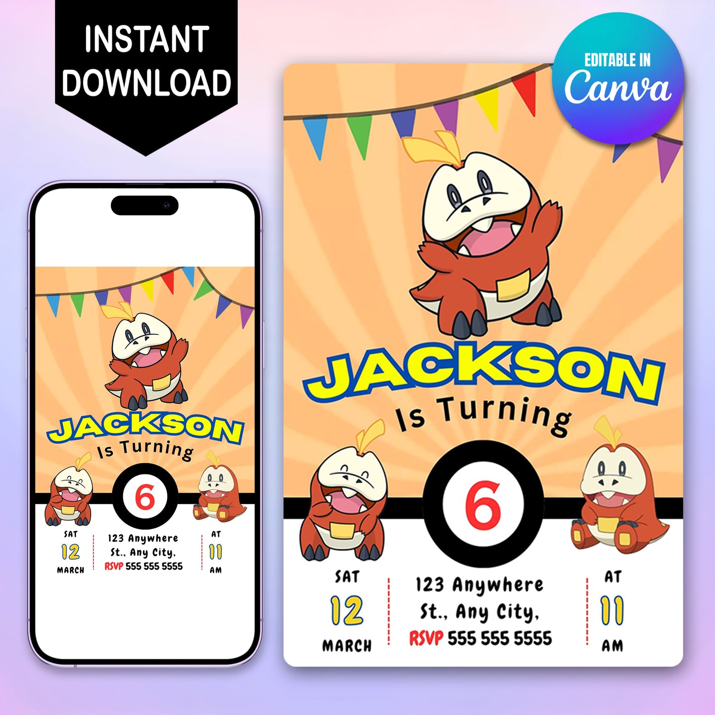 Fuecoco Pokemon Birthday Party Invitation Template - CreativeRino