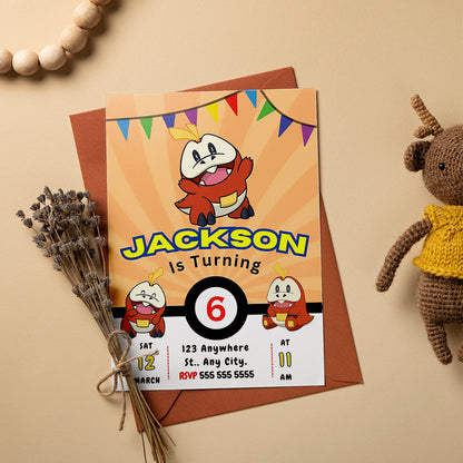 Fuecoco Pokemon Birthday Party Invitation Template - CreativeRino