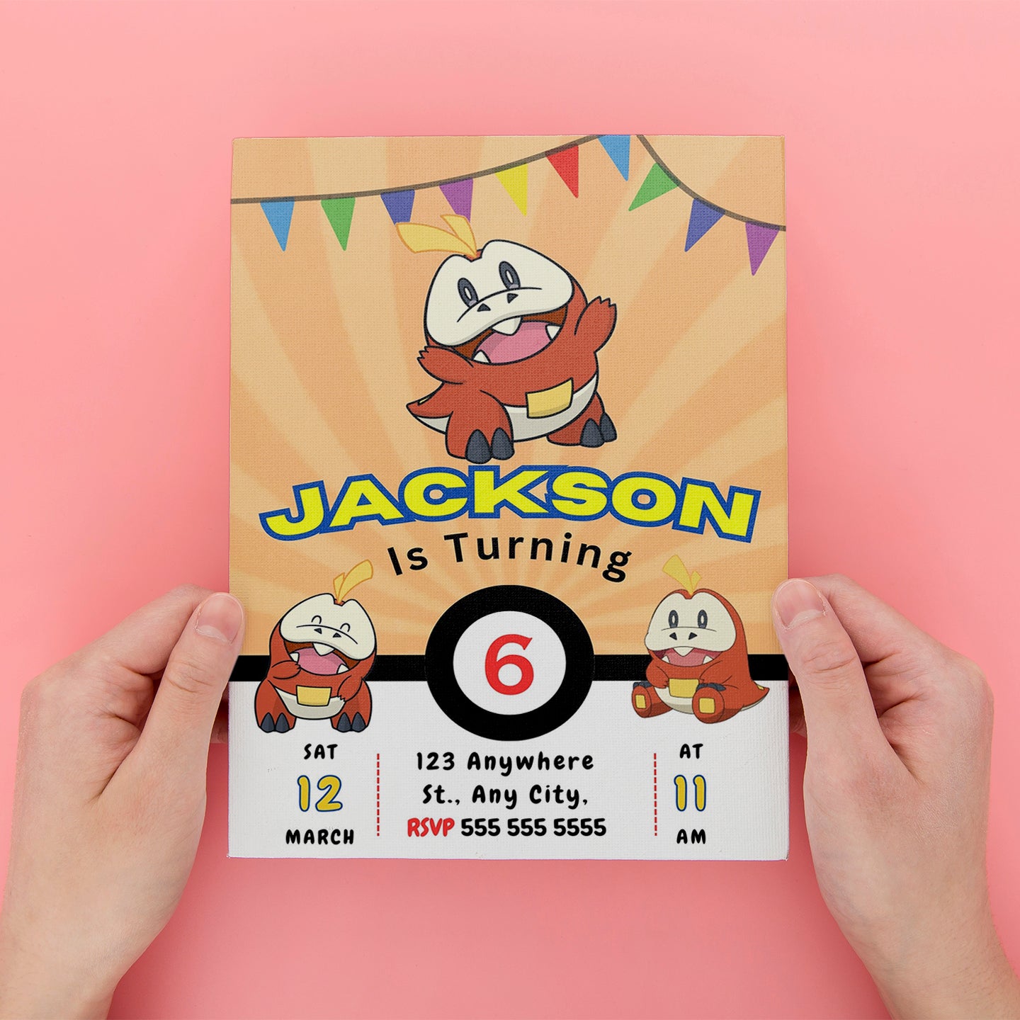 Fuecoco Pokemon Birthday Party Invitation Template - CreativeRino