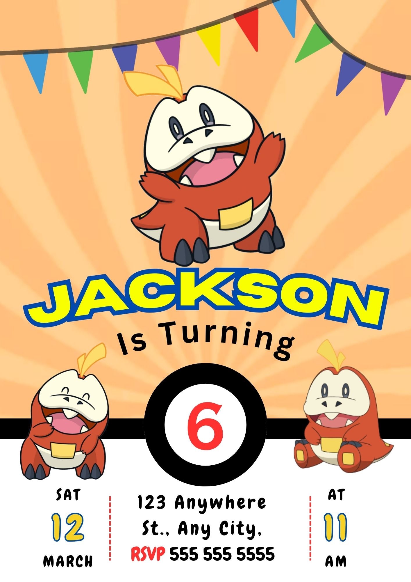 Fuecoco Pokemon Birthday Party Invitation Template - CreativeRino