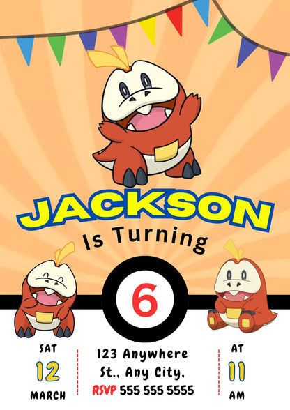 Fuecoco Pokemon Birthday Party Invitation Template - CreativeRino