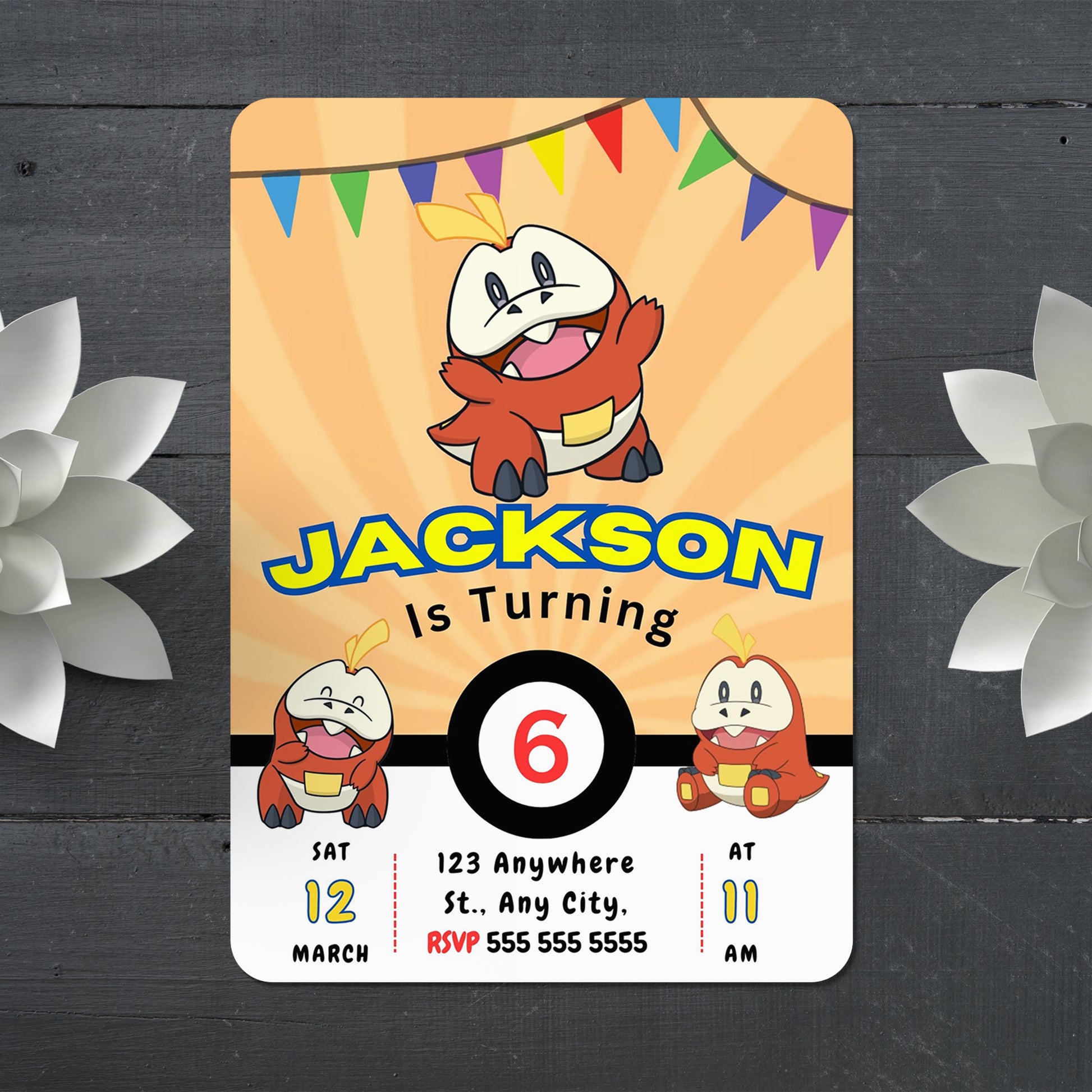 Fuecoco Pokemon Birthday Party Invitation Template - CreativeRino