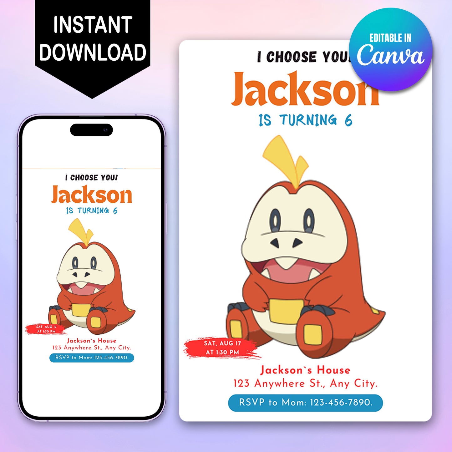 Fuecoco Birthday Party Invitation Template | Pokemon Invite - CreativeRino