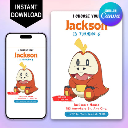 Fuecoco Birthday Party Invitation Template | Pokemon Invite - CreativeRino