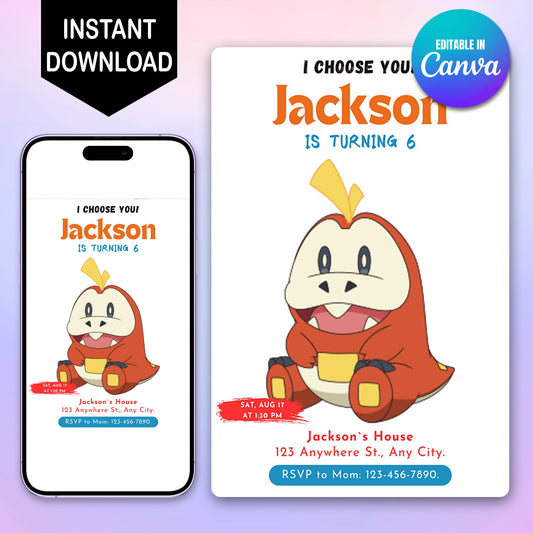 Fuecoco Birthday Party Invitation Template | Pokemon Invite - CreativeRino