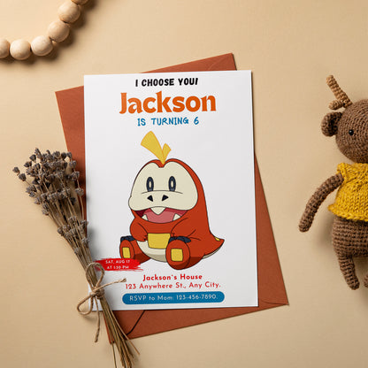 Fuecoco Birthday Party Invitation Template | Pokemon Invite - CreativeRino