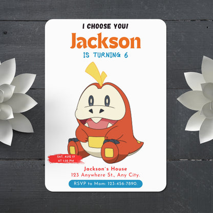 Fuecoco Birthday Party Invitation Template | Pokemon Invite - CreativeRino