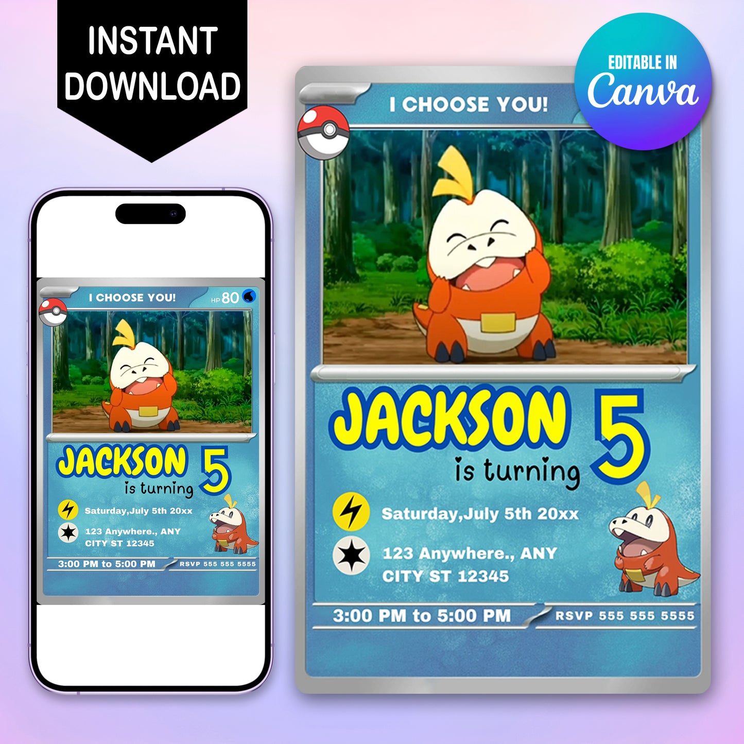 Fuecoco Invitation Template | Pokemon Card Birthday Invite - CreativeRino