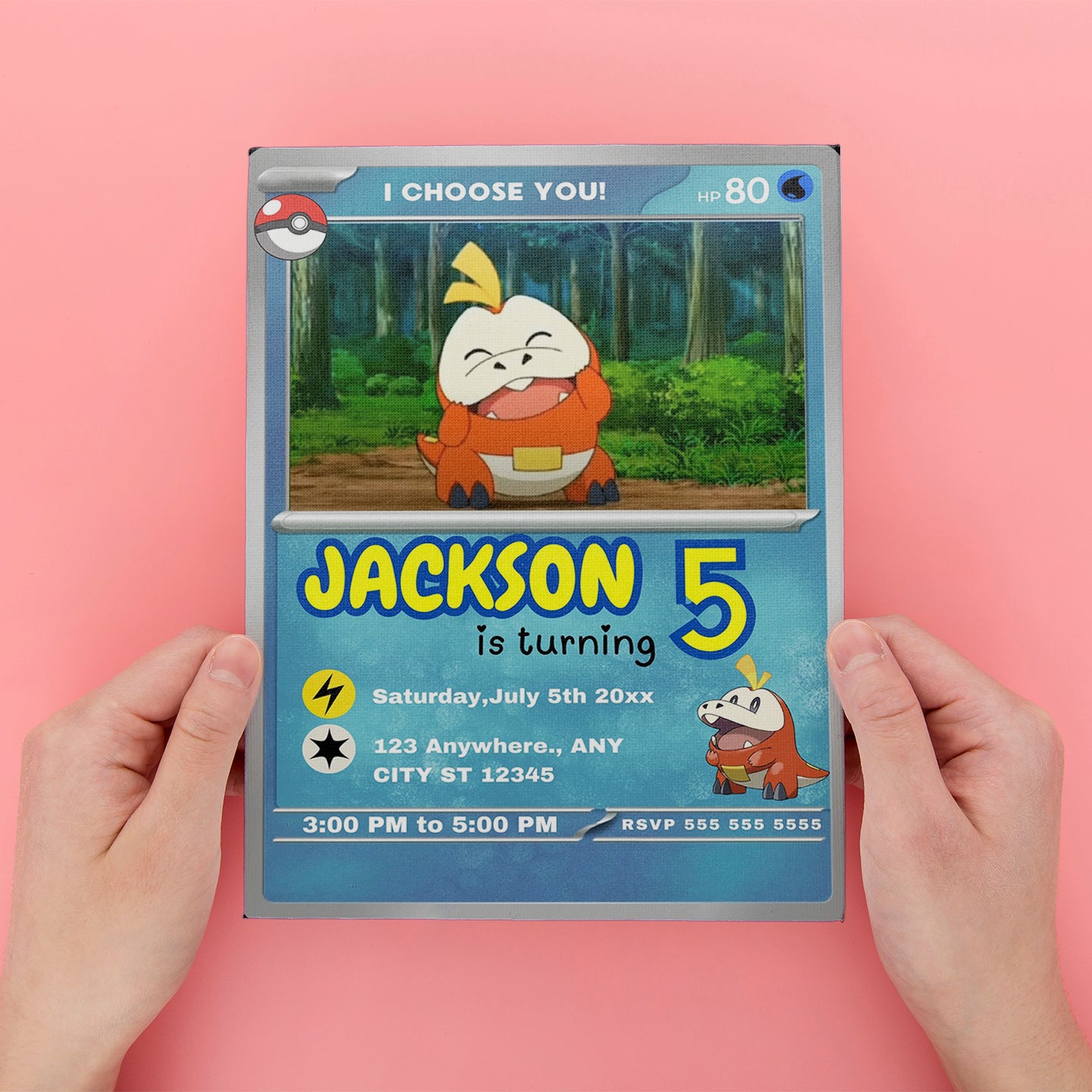 Fuecoco Invitation Template | Pokemon Card Birthday Invite - CreativeRino