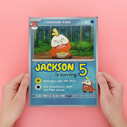 Fuecoco Invitation Template | Pokemon Card Birthday Invite - CreativeRino