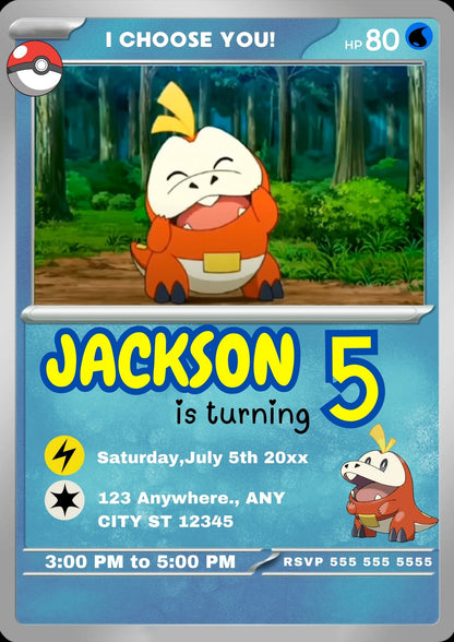 Fuecoco Invitation Template | Pokemon Card Birthday Invite - CreativeRino