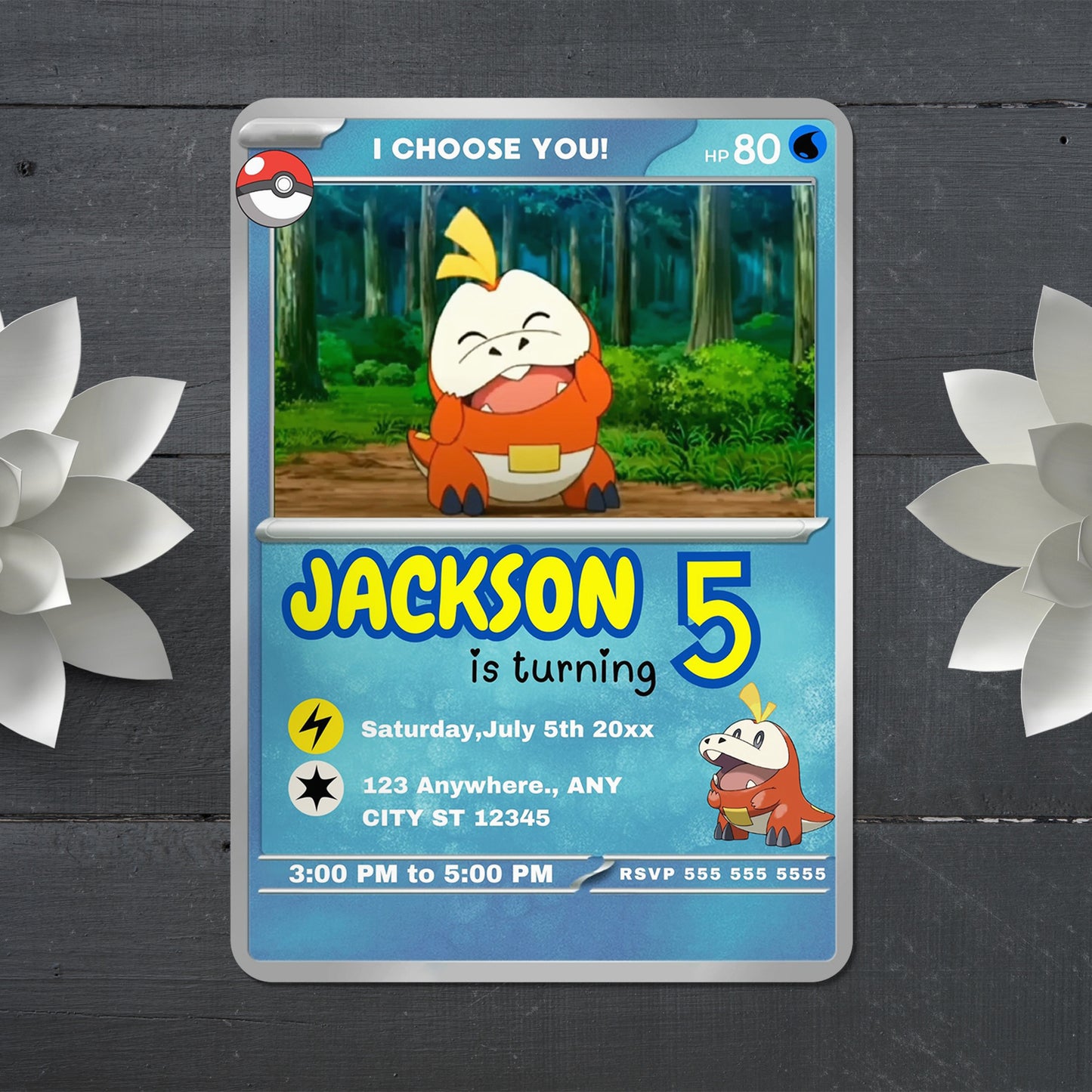 Fuecoco Invitation Template | Pokemon Card Birthday Invite - CreativeRino