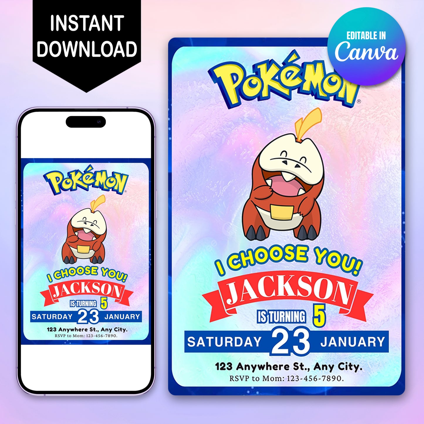 Fuecoco Invitation Template | Pokemon Birthday Invite - CreativeRino