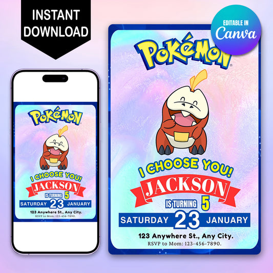 Fuecoco Invitation Template | Pokemon Birthday Invite - CreativeRino