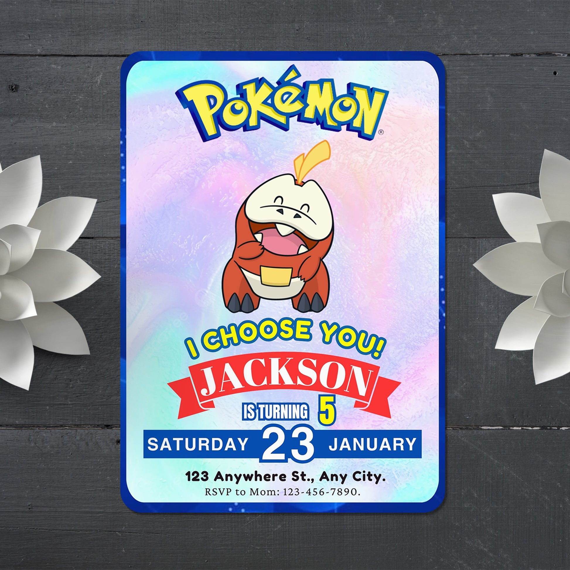 Fuecoco Invitation Template | Pokemon Birthday Invite - CreativeRino