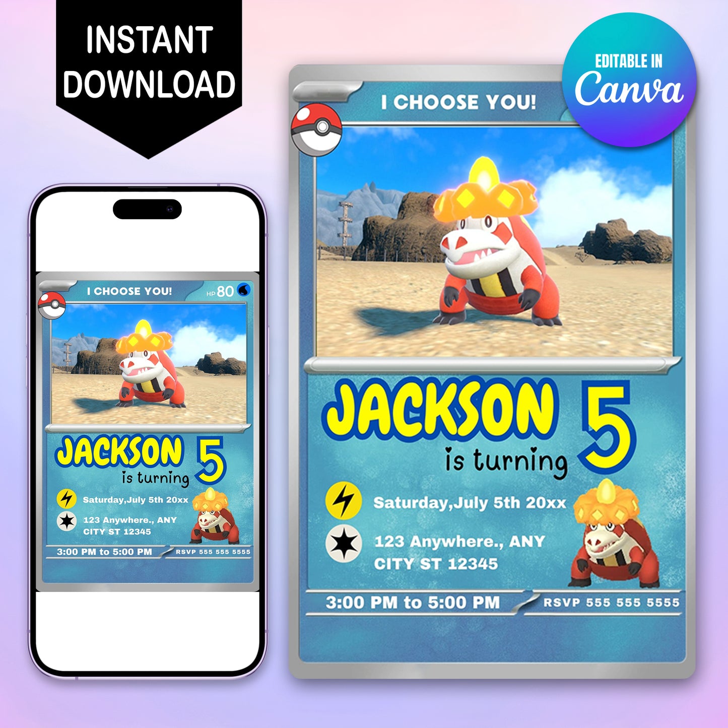 Crocalor Invitation Template | Pokemon Card Birthday Invite - CreativeRino