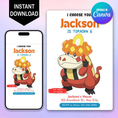 Crocalor Birthday Party Invitation Template | Pokemon Invite - CreativeRino