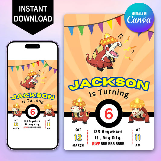 Crocalor Pokemon Birthday Party Invitation Template - CreativeRino