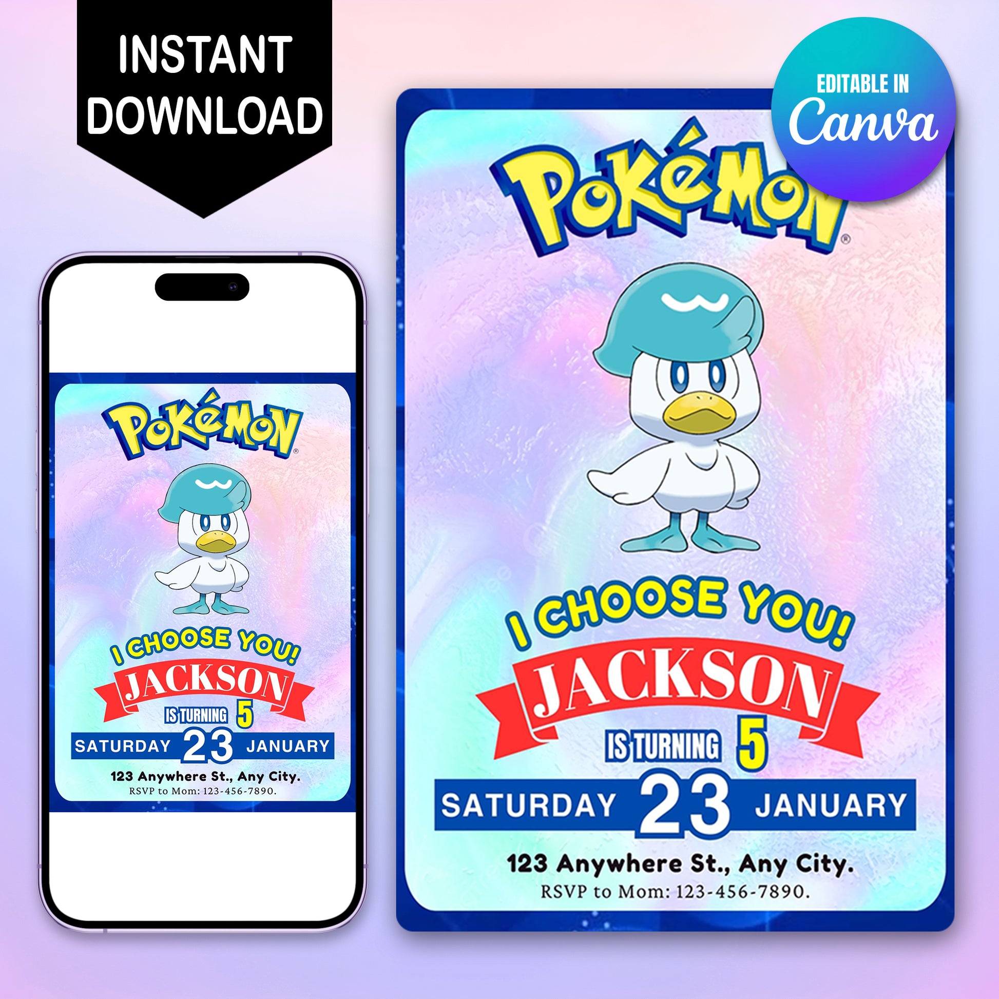 Quaxly Invitation Template | Pokemon Birthday Invite - CreativeRino