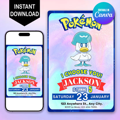 Quaxly Invitation Template | Pokemon Birthday Invite - CreativeRino