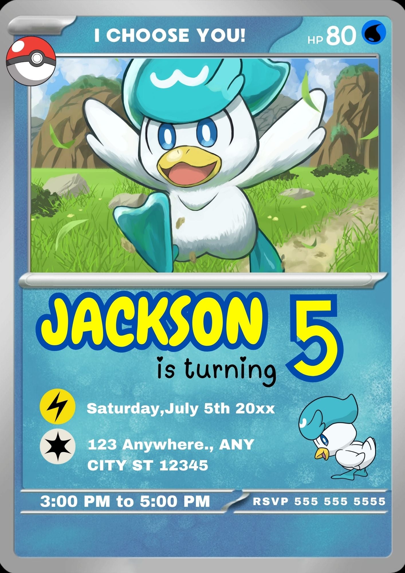 Quaxly Invitation Template | Pokemon Card Birthday Invite - CreativeRino