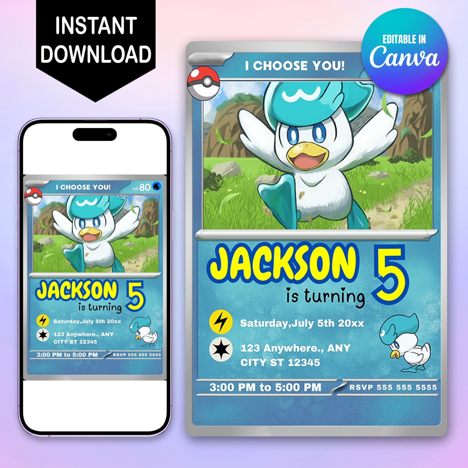 Quaxly Invitation Template | Pokemon Card Birthday Invite - CreativeRino