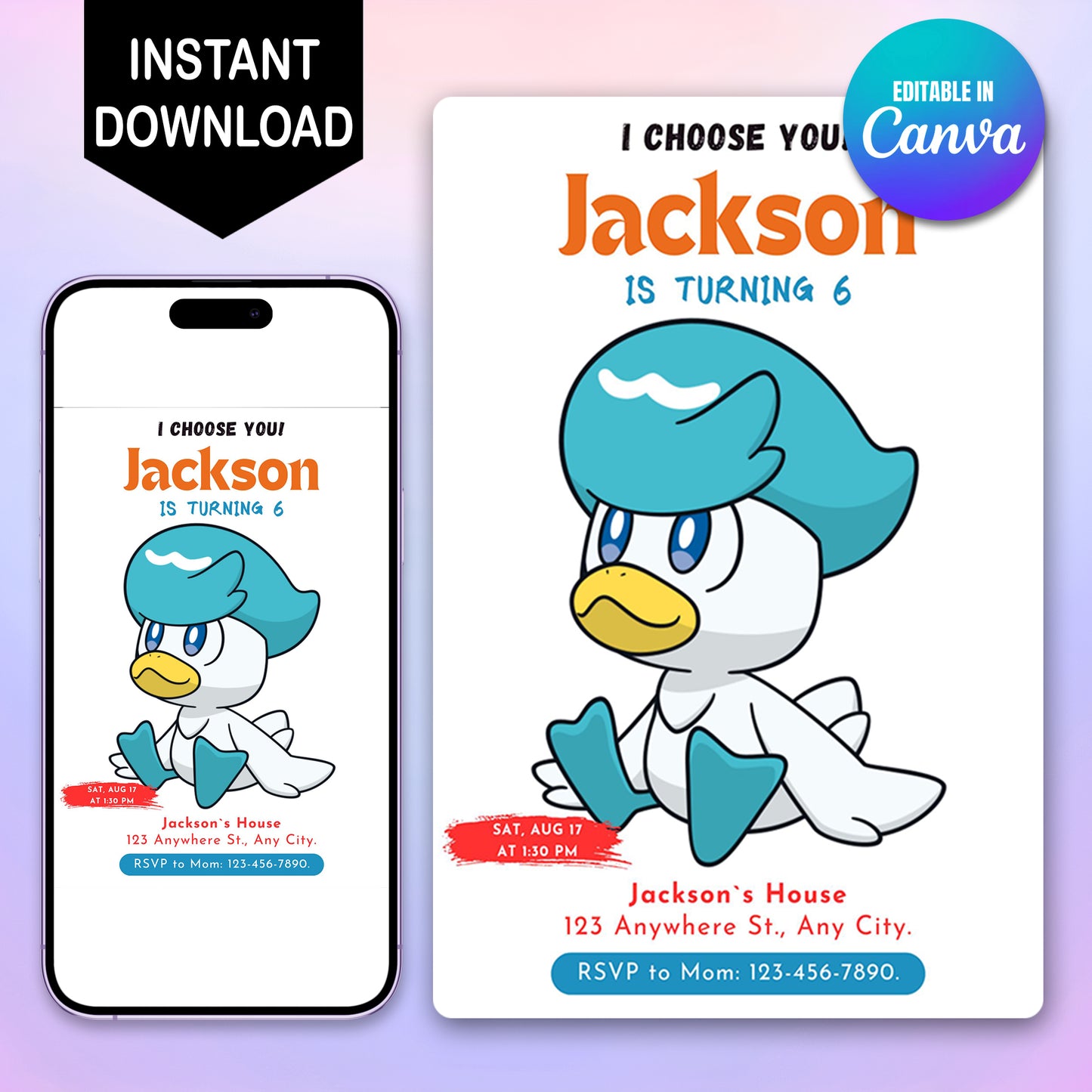 Quaxly Birthday Party Invitation Template | Pokemon Invite - CreativeRino
