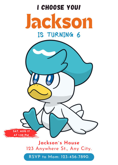 Quaxly Birthday Party Invitation Template | Pokemon Invite - CreativeRino