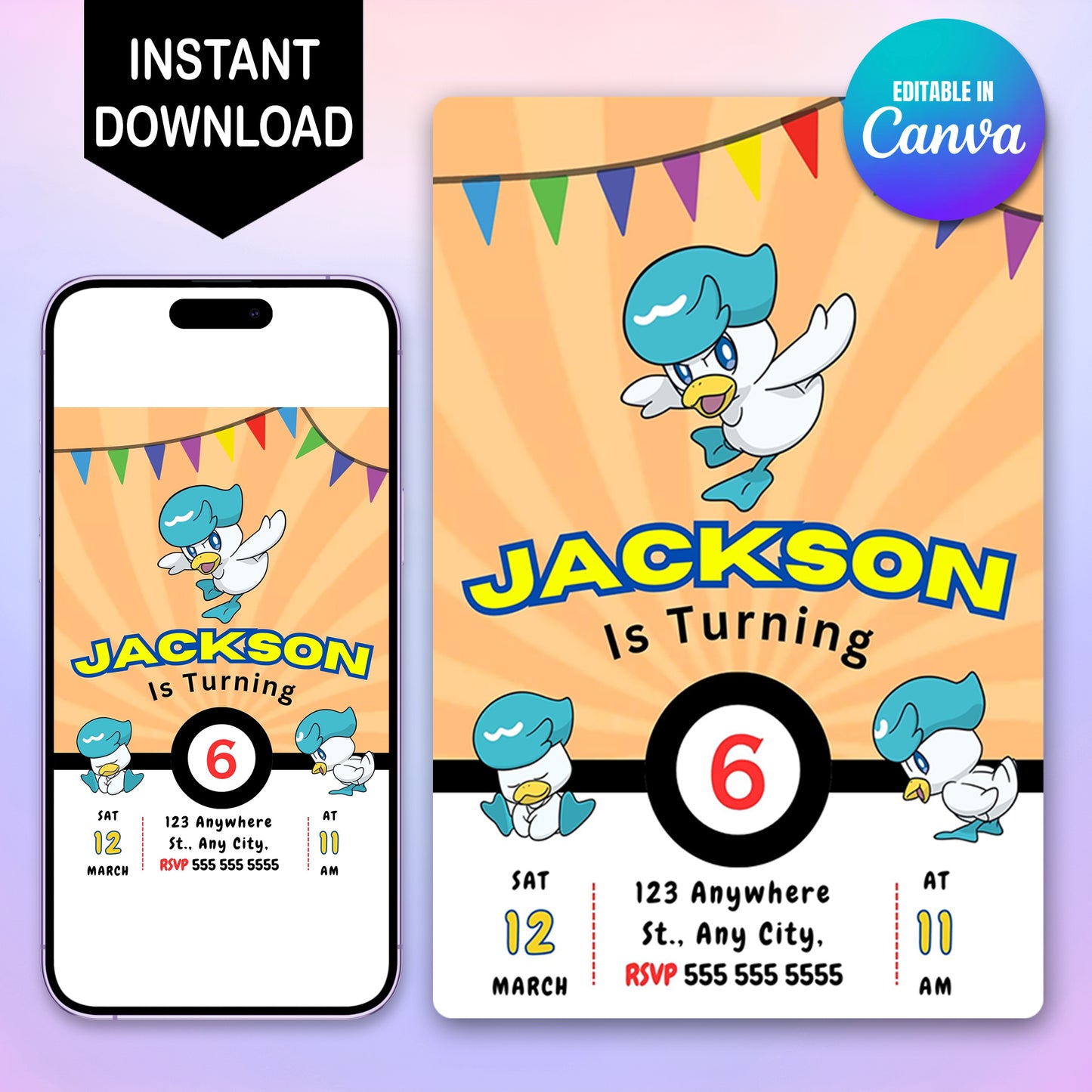 Quaxly Pokemon Birthday Party Invitation Template - CreativeRino