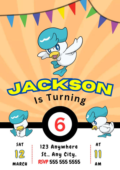 Quaxly Pokemon Birthday Party Invitation Template - CreativeRino
