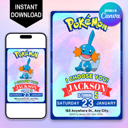 Mudkip Invitation Template | Pokemon Birthday Invite - CreativeRino