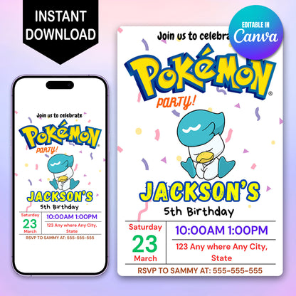 Quaxly Birthday Invitation Template | Pokemon Invite - CreativeRino
