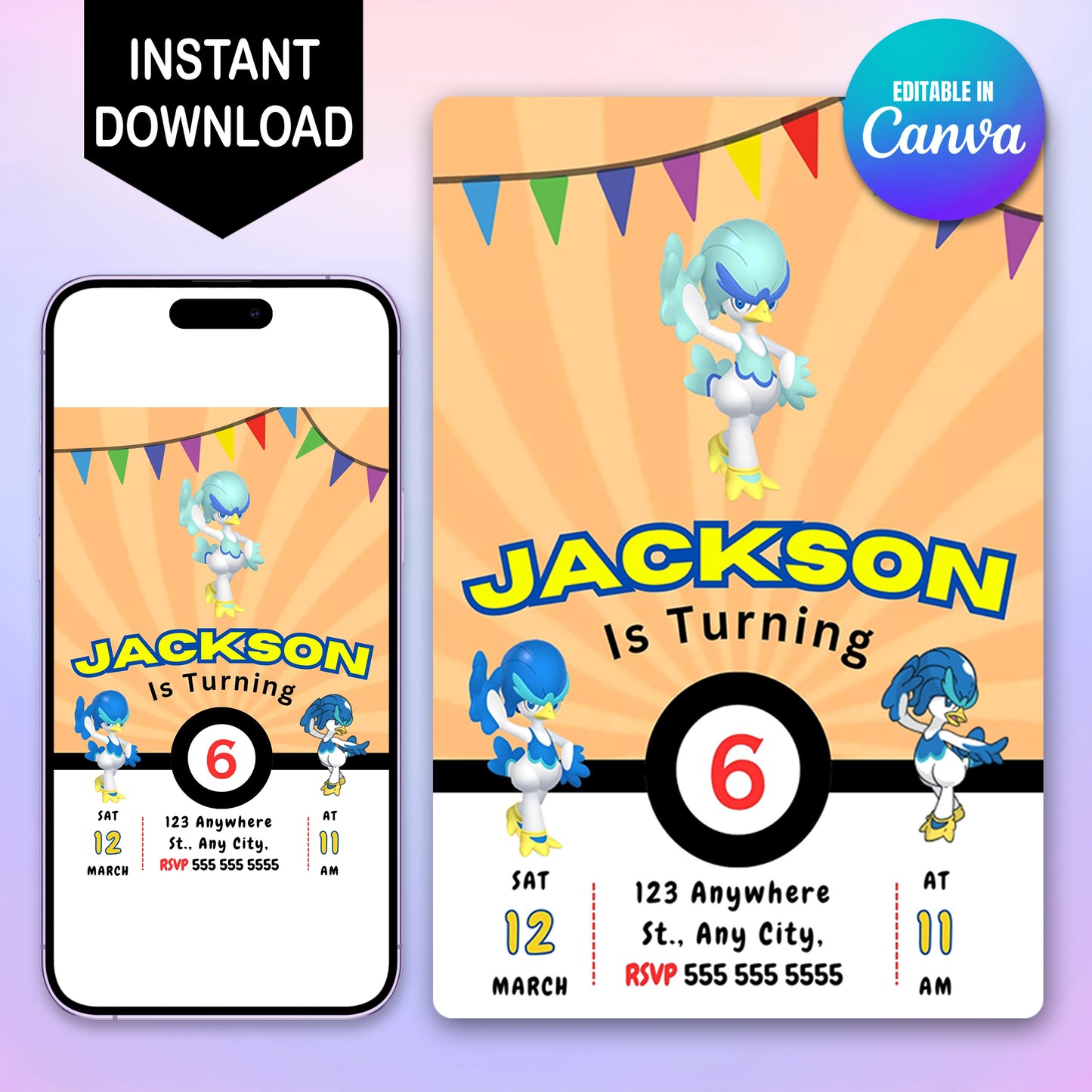 Quaxwell Pokemon Birthday Party Invitation Template - CreativeRino