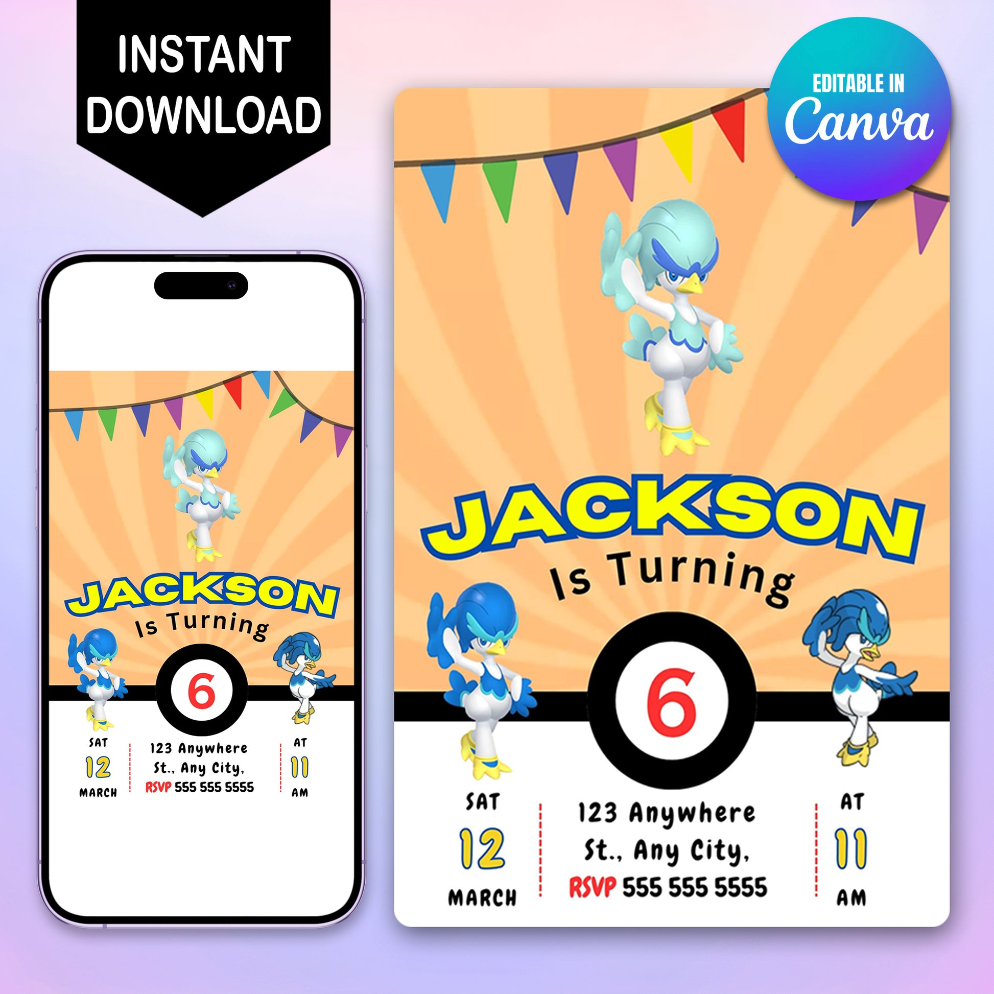 Quaxwell Pokemon Birthday Party Invitation Template - CreativeRino