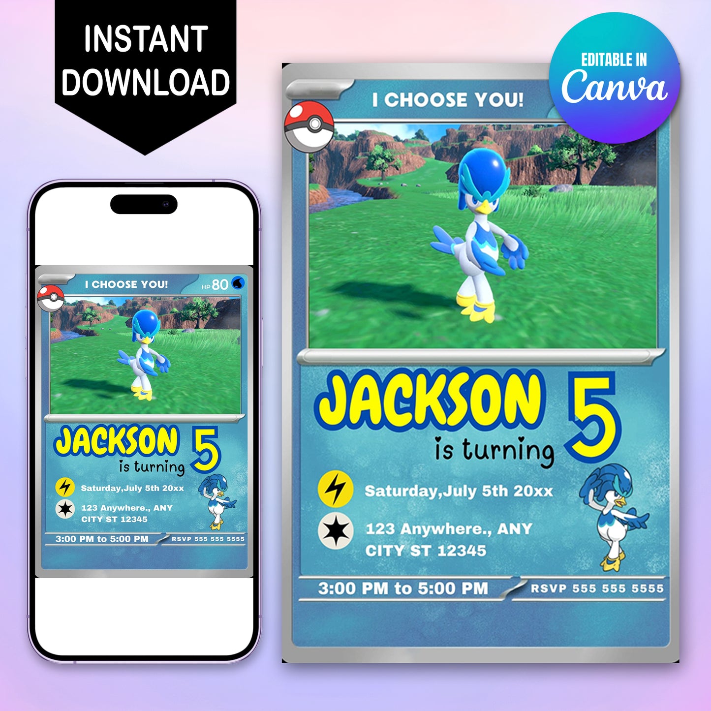 Quaxwell Invitation Template | Pokemon Card Birthday Invite - CreativeRino