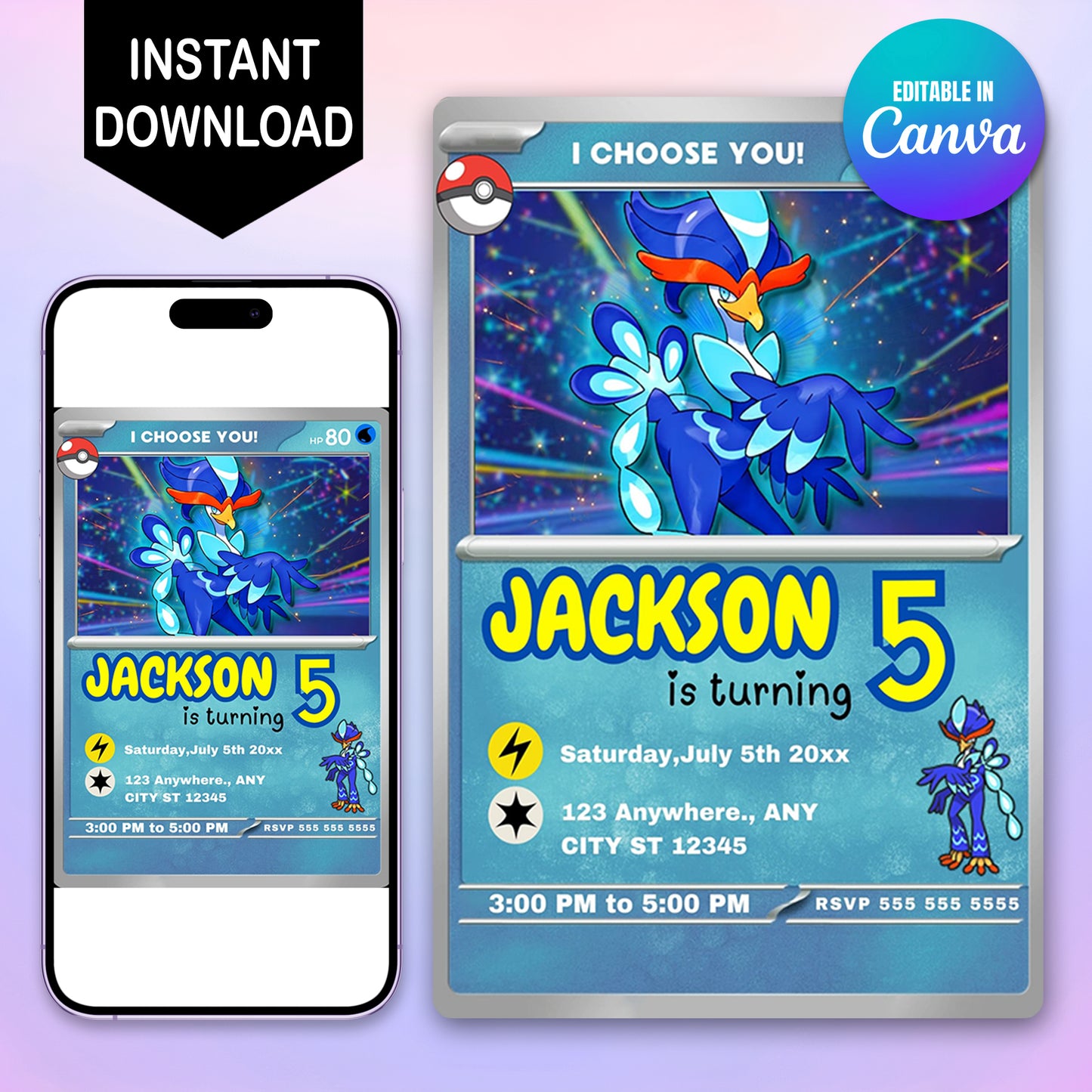 Quaquaval Invitation Template | Pokemon Card Birthday Invite - CreativeRino