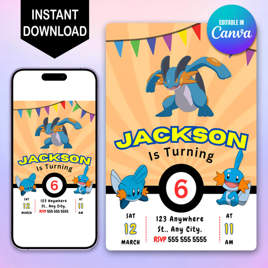 Mudkip Pokemon Birthday Party Invitation Template - CreativeRino