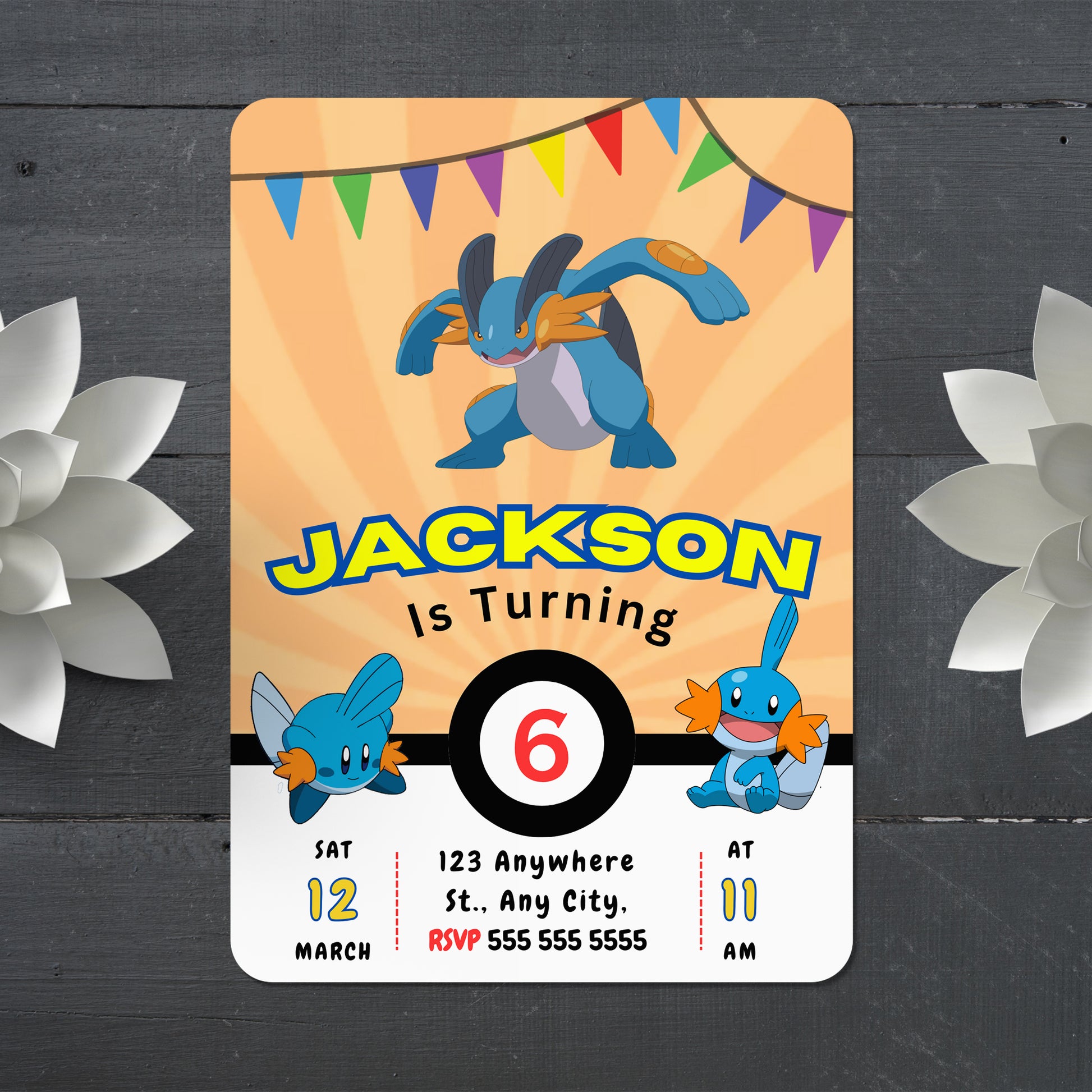 Mudkip Pokemon Birthday Party Invitation Template - CreativeRino