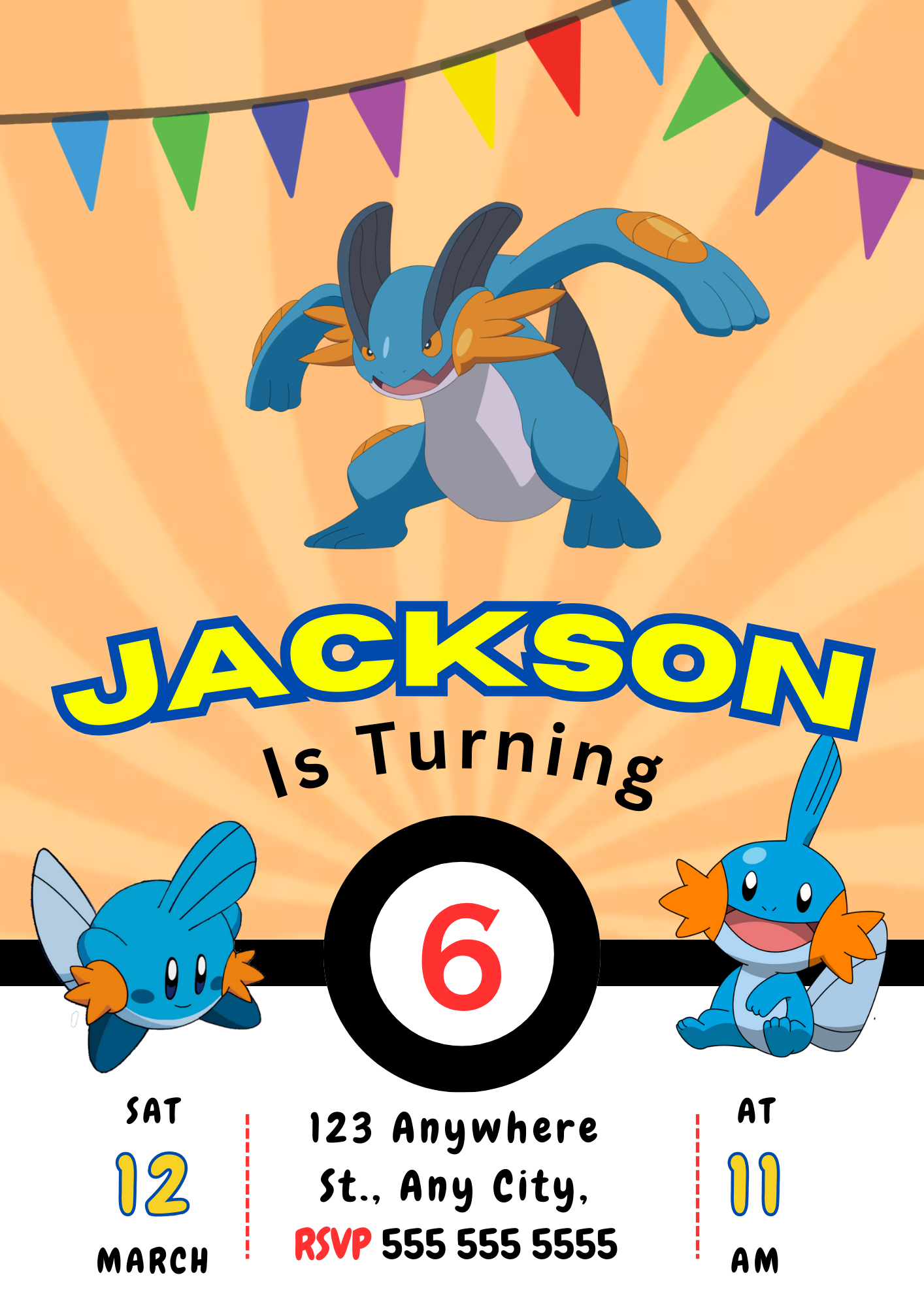Mudkip Pokemon Birthday Party Invitation Template - CreativeRino