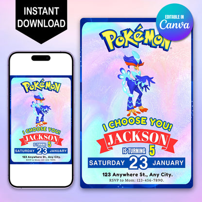 Quaquaval Invitation Template | Pokemon Birthday Invite - CreativeRino