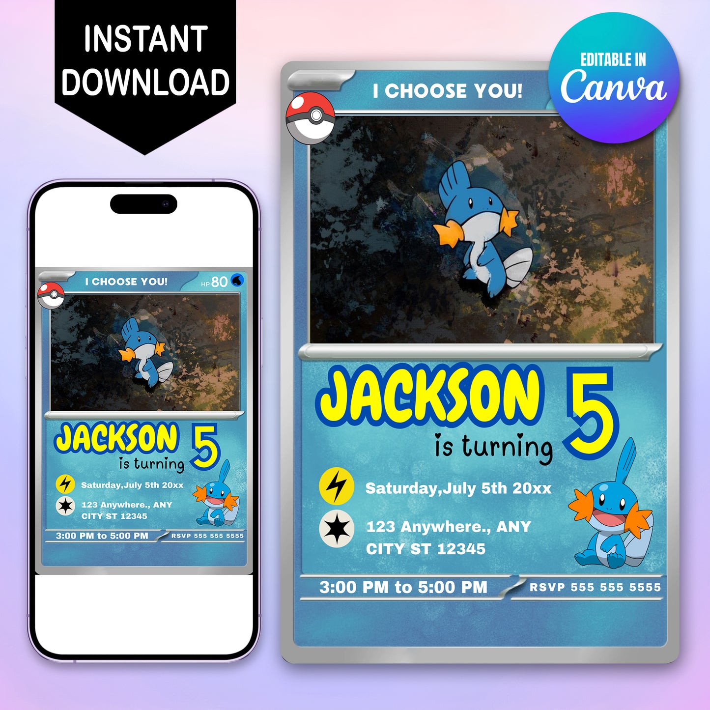 Mudkip Invitation Template | Pokemon Card Birthday Invite - CreativeRino