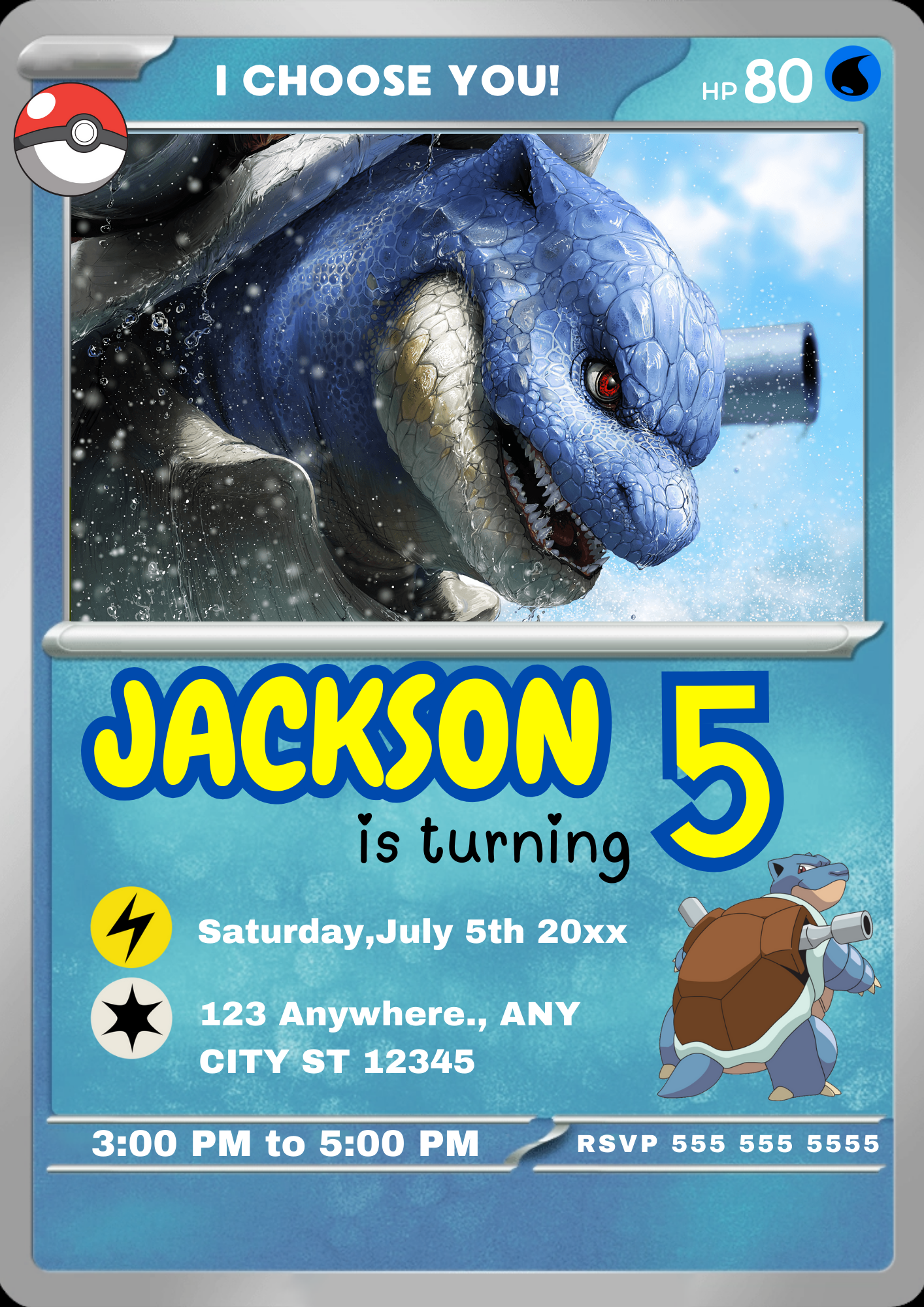 Blastoise Invitation Template | Pokemon Card Birthday Invite - CreativeRino