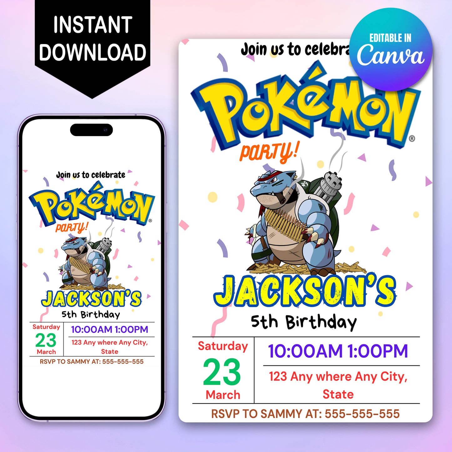 Blastoise Pokemon Birthday Party Invitation Template - CreativeRino