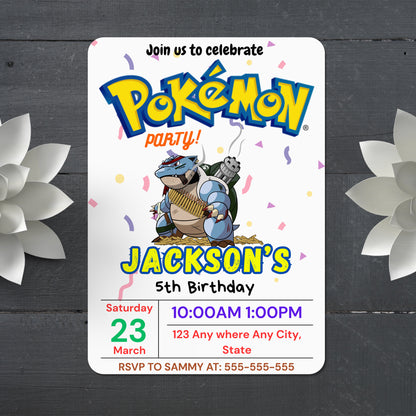 Blastoise Pokemon Birthday Party Invitation Template - CreativeRino