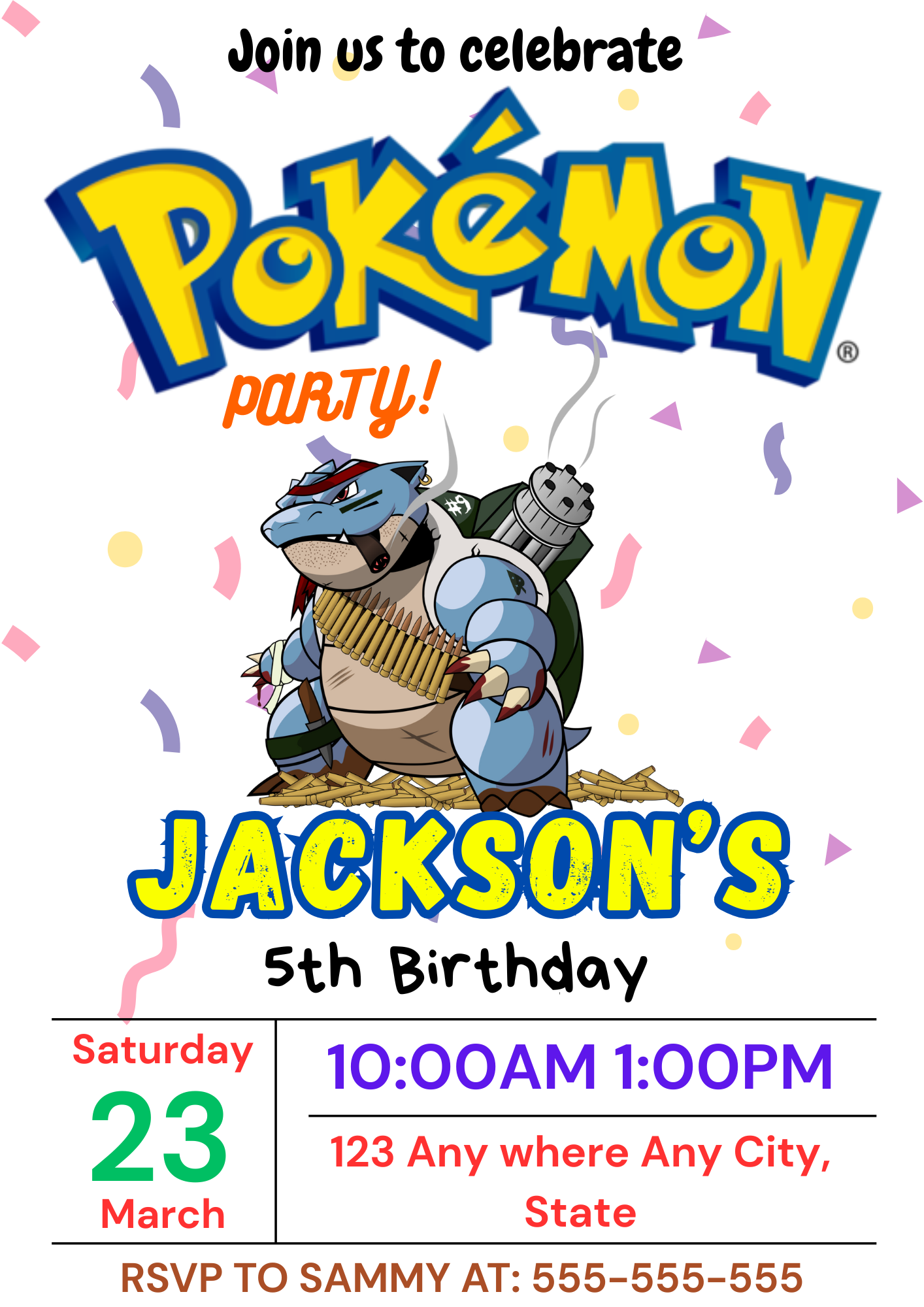 Blastoise Pokemon Birthday Party Invitation Template - CreativeRino