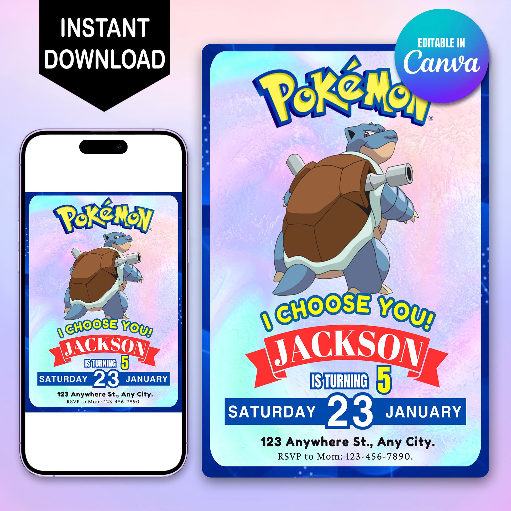 Blastoise Invitation Template | Pokemon Birthday Invite - CreativeRino