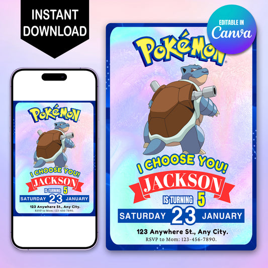 Blastoise Invitation Template | Pokemon Birthday Invite - CreativeRino